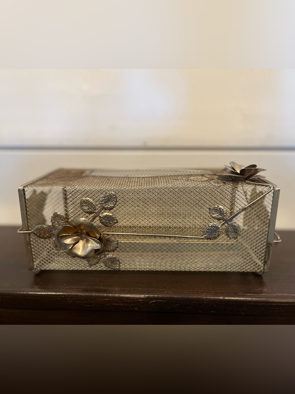Vintage 50s Brass Metal Mesh Vanity Tissue Box Cover MCM Mid Century 1950